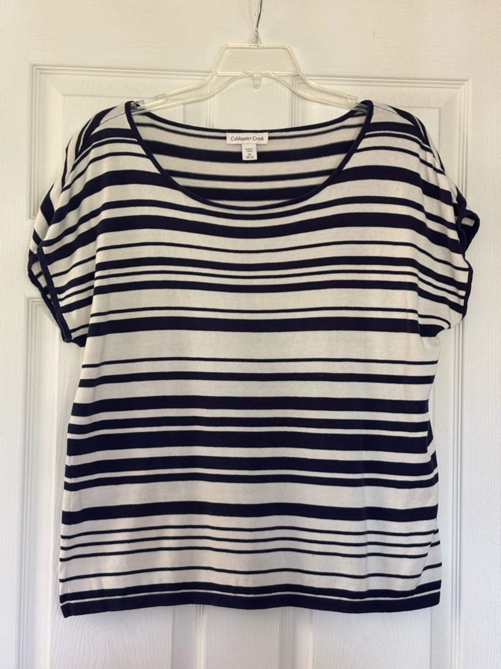 Coldwater Creek Women's Navy & White Striped Boat Neck Sweater Top
